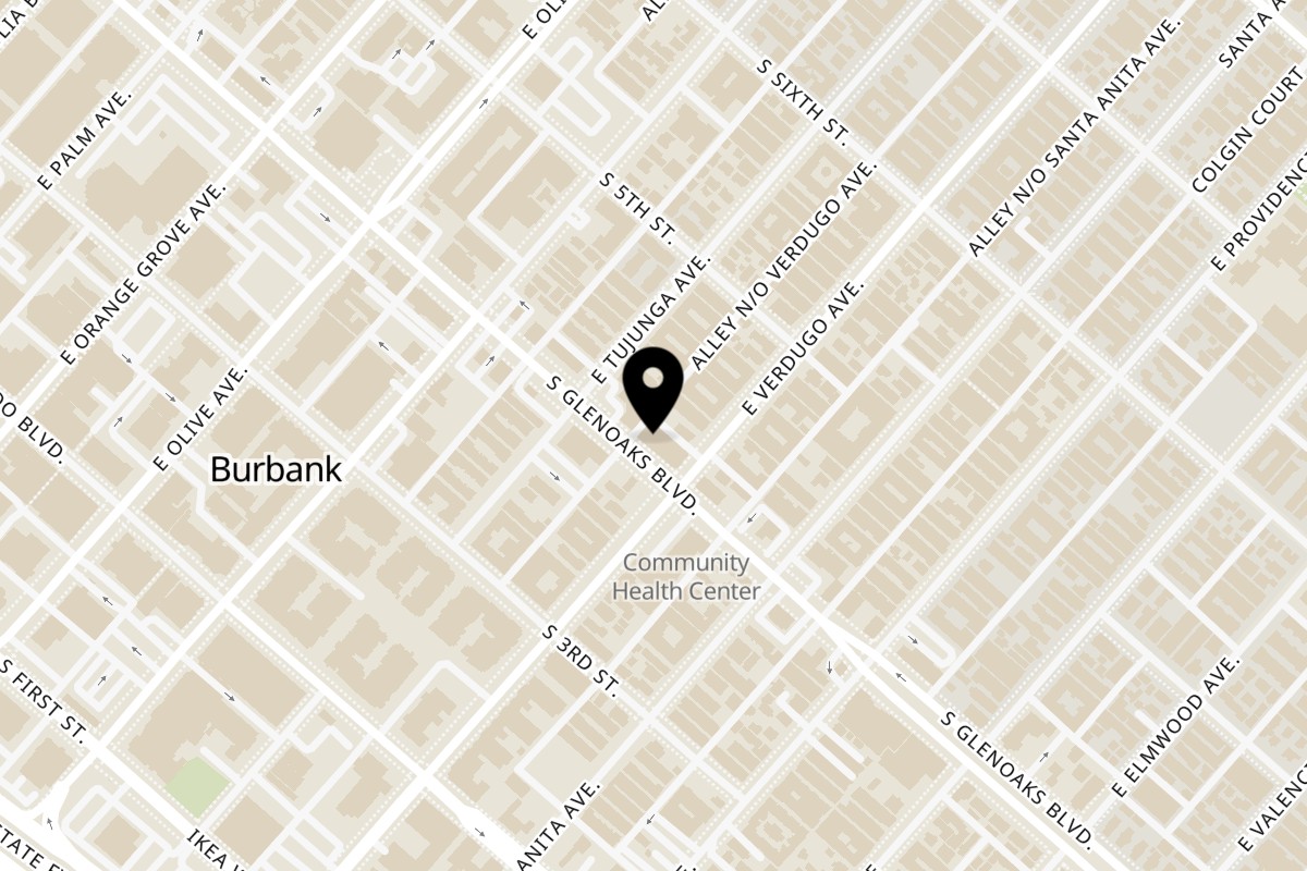 Map showing the location of PizzArtini on 334 S Glenoaks Blvd in Burbank